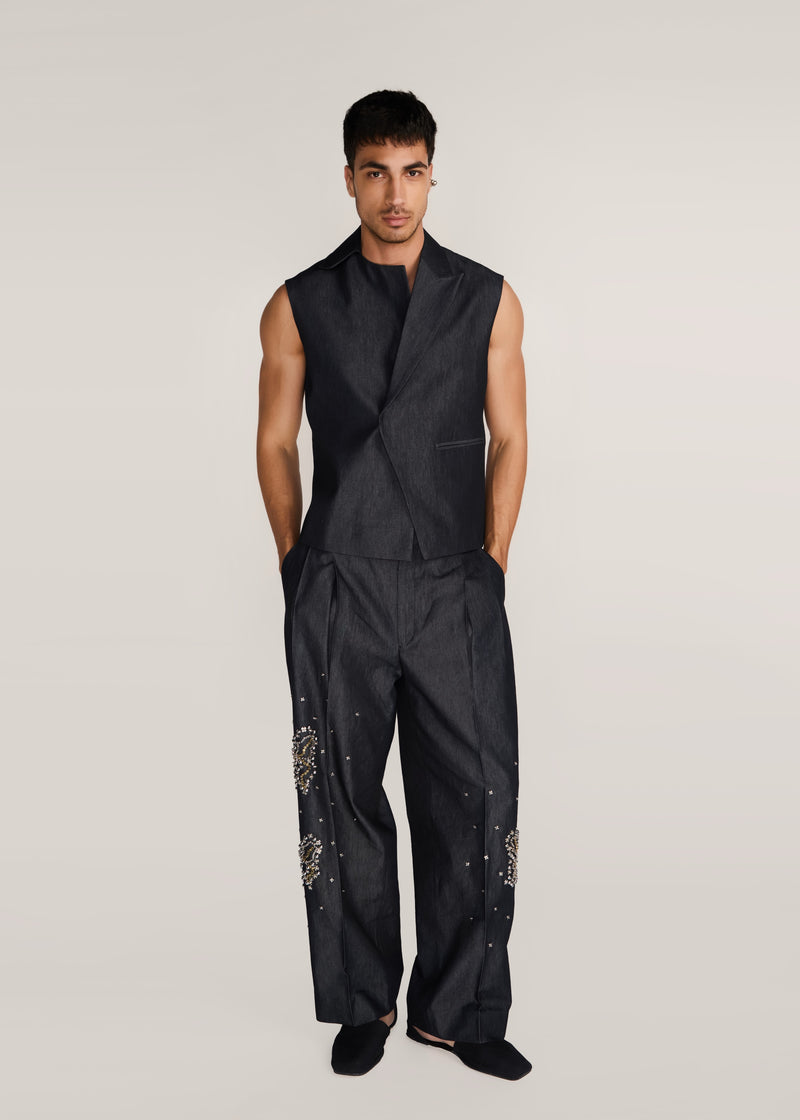 ROSANI The Ubuntu vest in charcoal - charcoal denim vest with asymmetric collar and placket, front view, alternate angle