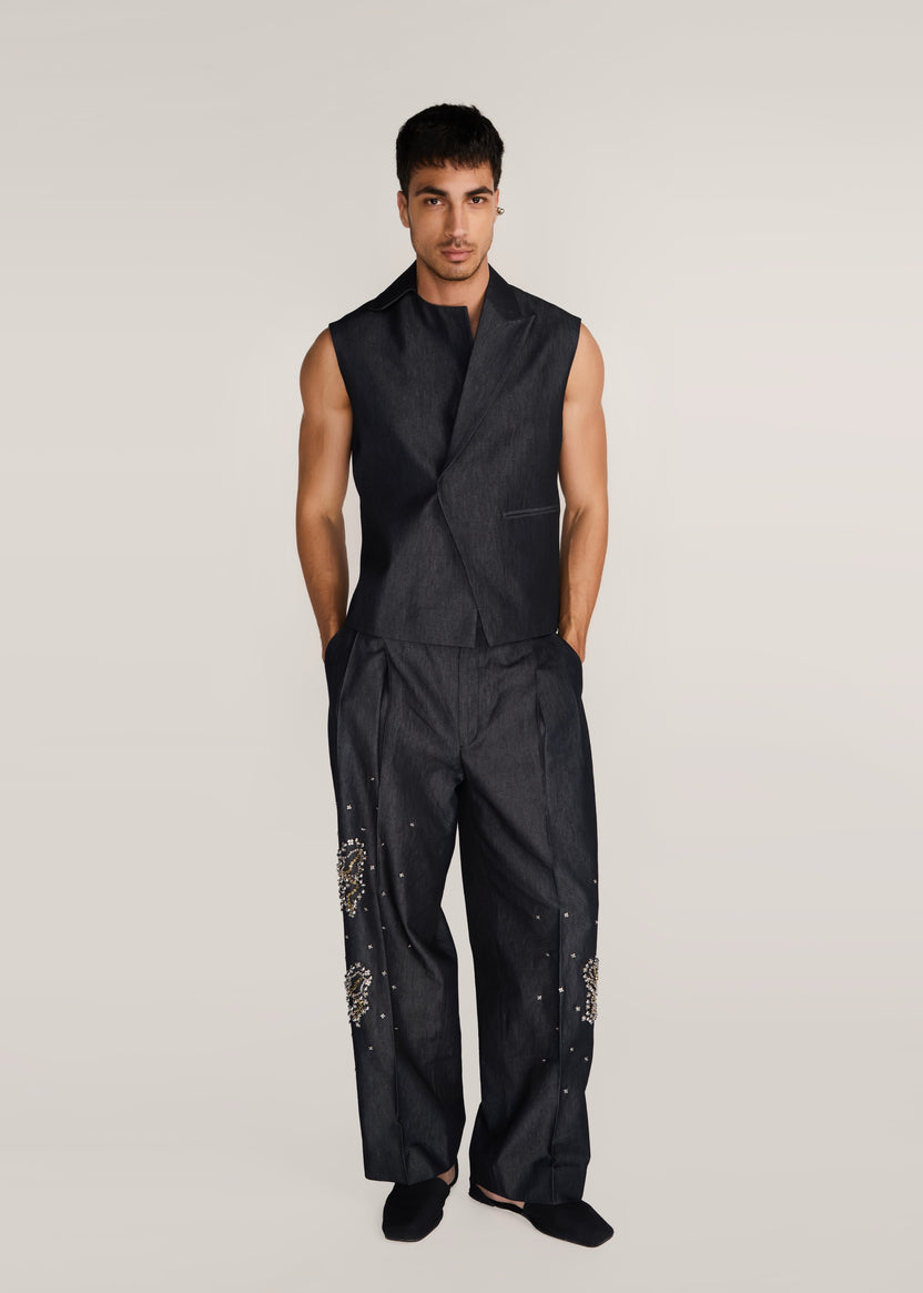 ROSANI The Ubuntu vest in charcoal - charcoal denim vest with asymmetric collar and placket, side view