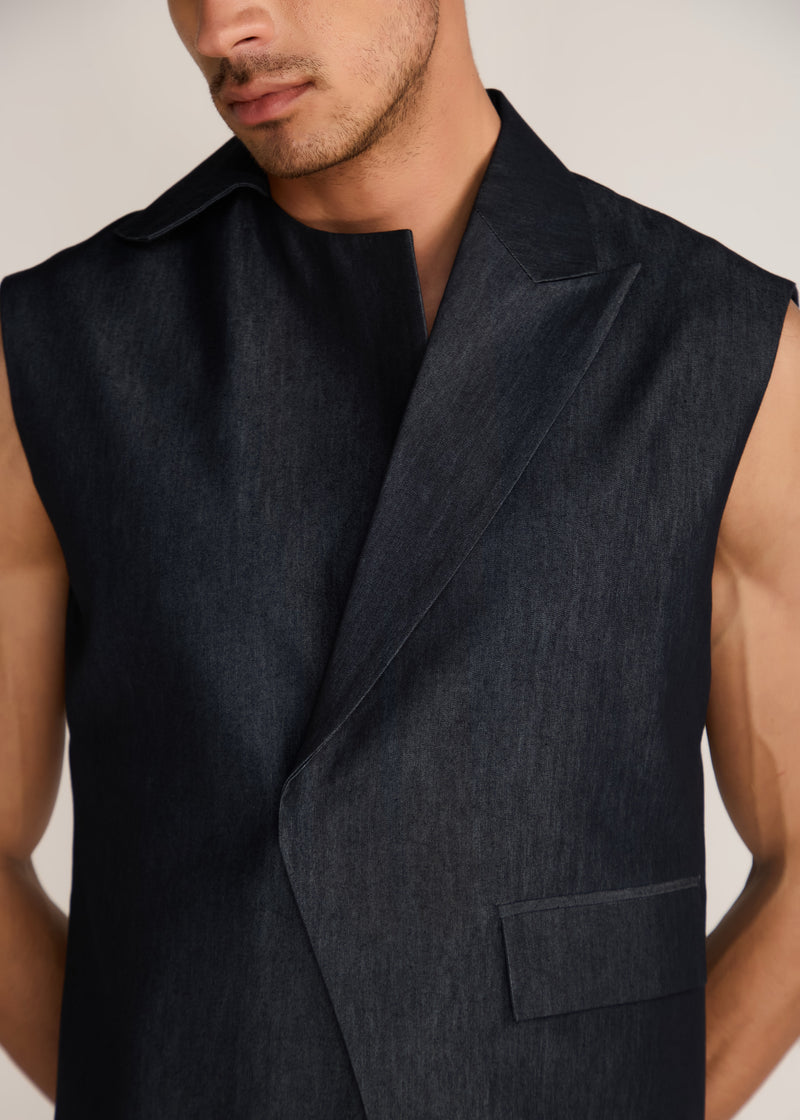 ROSANI The Ubuntu vest in charcoal - charcoal denim vest with asymmetric collar and placket, front view