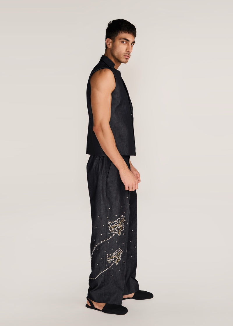 ROSANI The Ubuntu vest in charcoal - charcoal denim vest with asymmetric collar and placket, side view