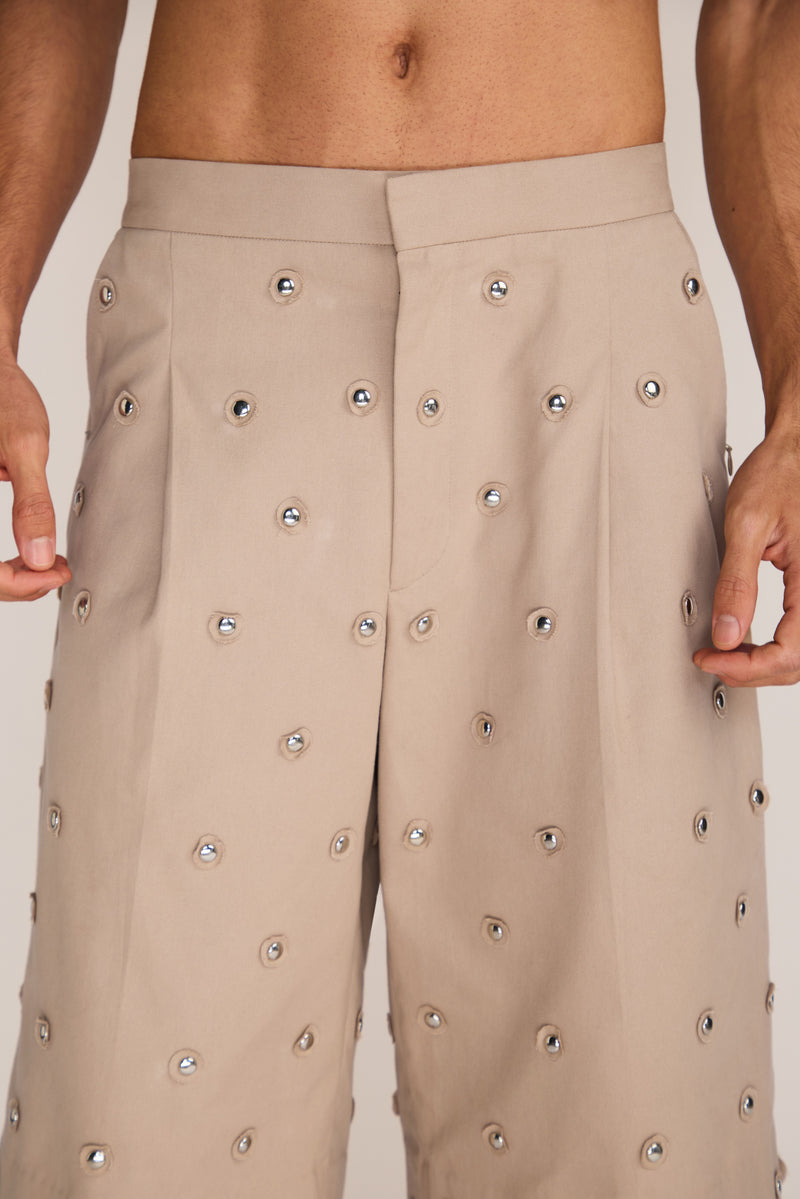 ROSANI The Unio shorts in sand dune - sand dune cotton laser-cut chrome embroidered shorts, craft detail