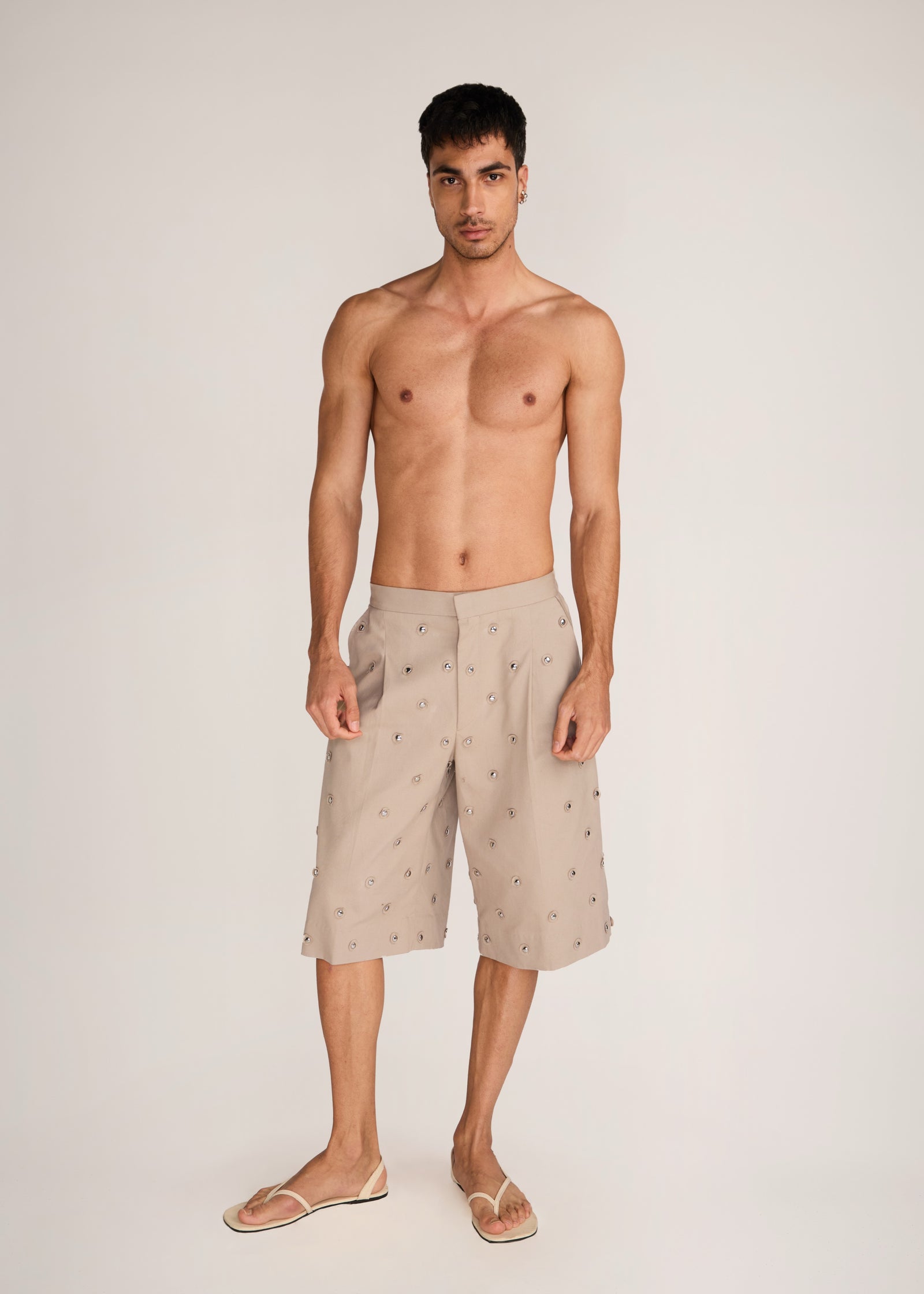 ROSANI The Unio shorts in sand dune - sand dune cotton laser-cut chrome embroidered shorts, front view