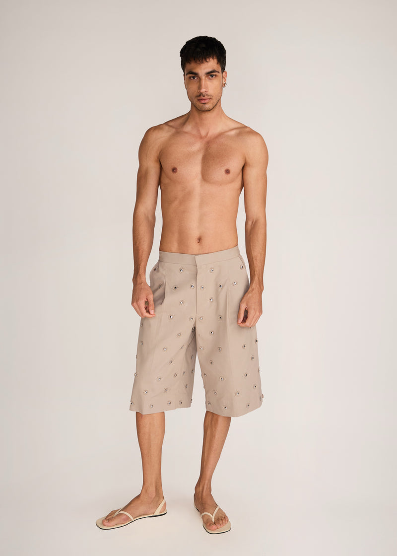 ROSANI The Unio shorts in sand dune - sand dune cotton laser-cut chrome embroidered shorts, front view