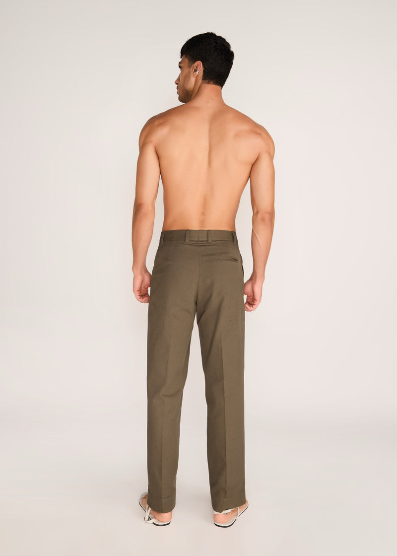 ROSANI The Unión trouser in deep olive - deep olive pleated cotton trouser, back view