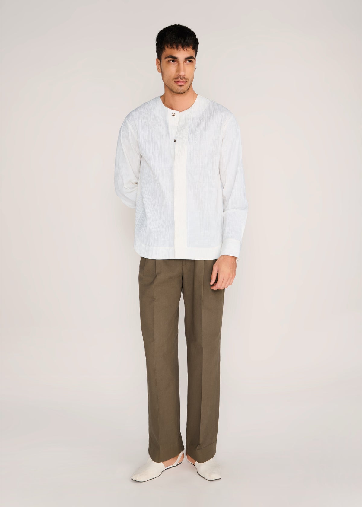 ROSANI The Unione shirt in ivory - ivory crushed cotton round-neck long-sleeve shirt, front view