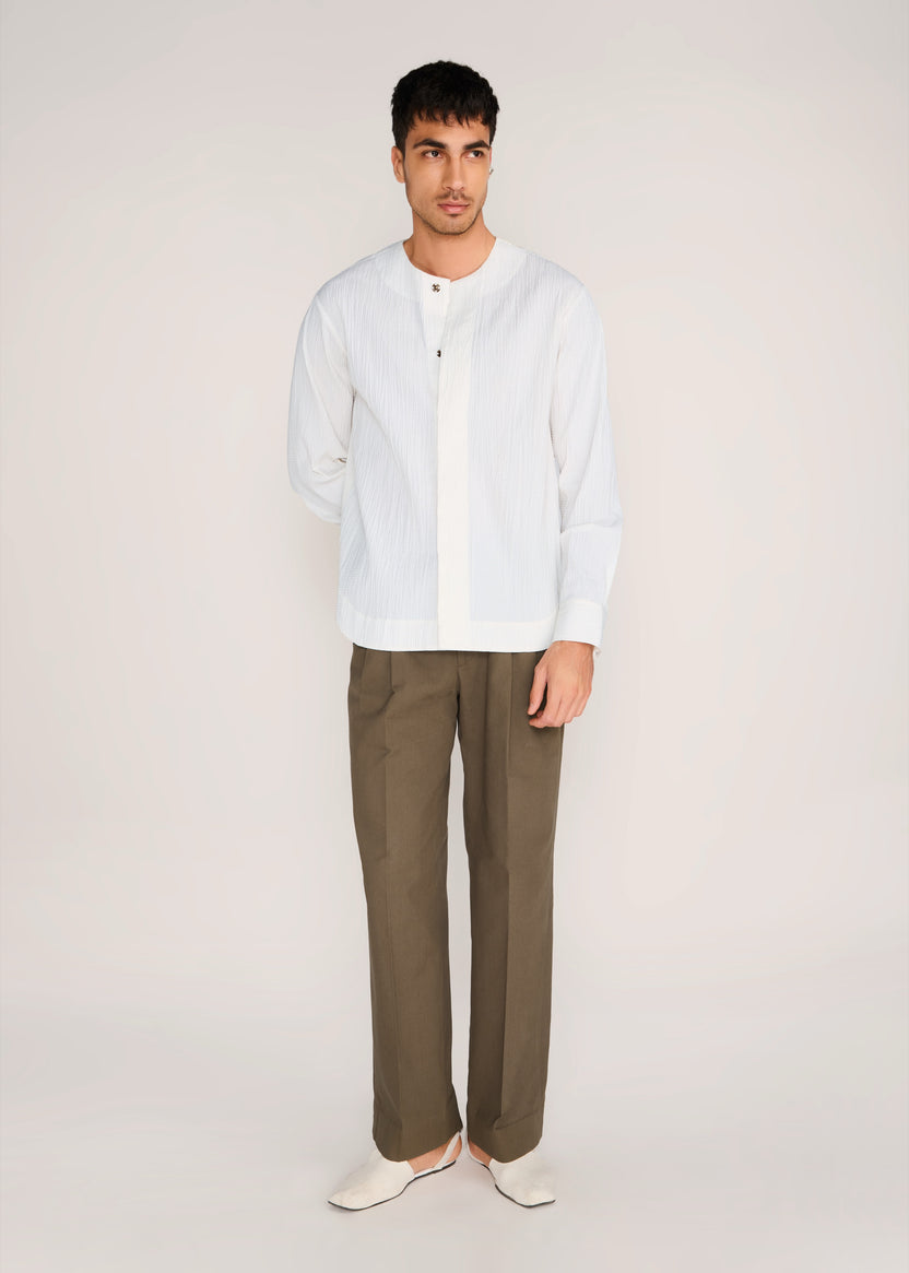 ROSANI The Unione shirt in ivory - ivory crushed cotton round-neck long-sleeve shirt, front view