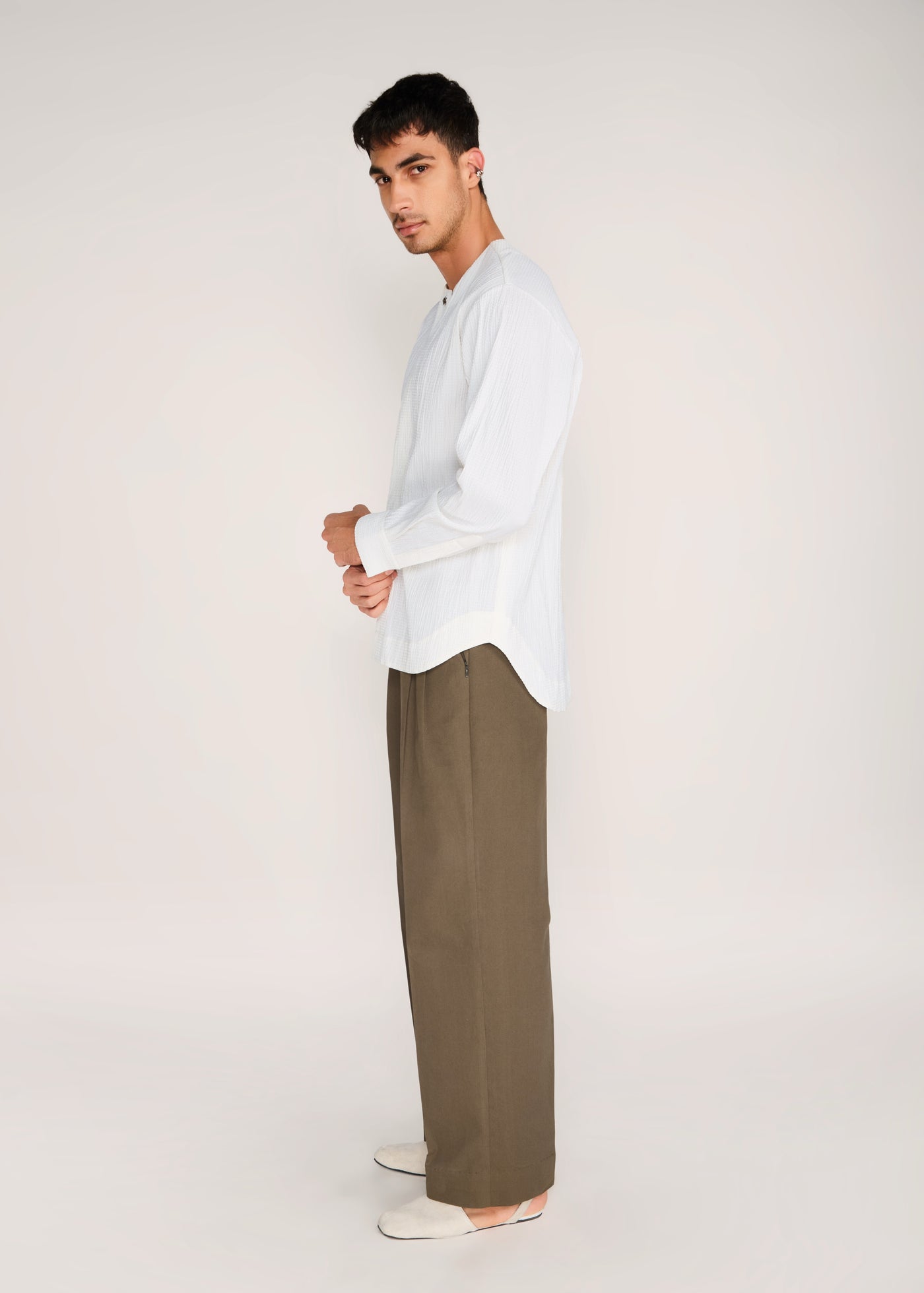 ROSANI The Unione shirt in ivory - ivory crushed cotton round-neck long-sleeve shirt, side view