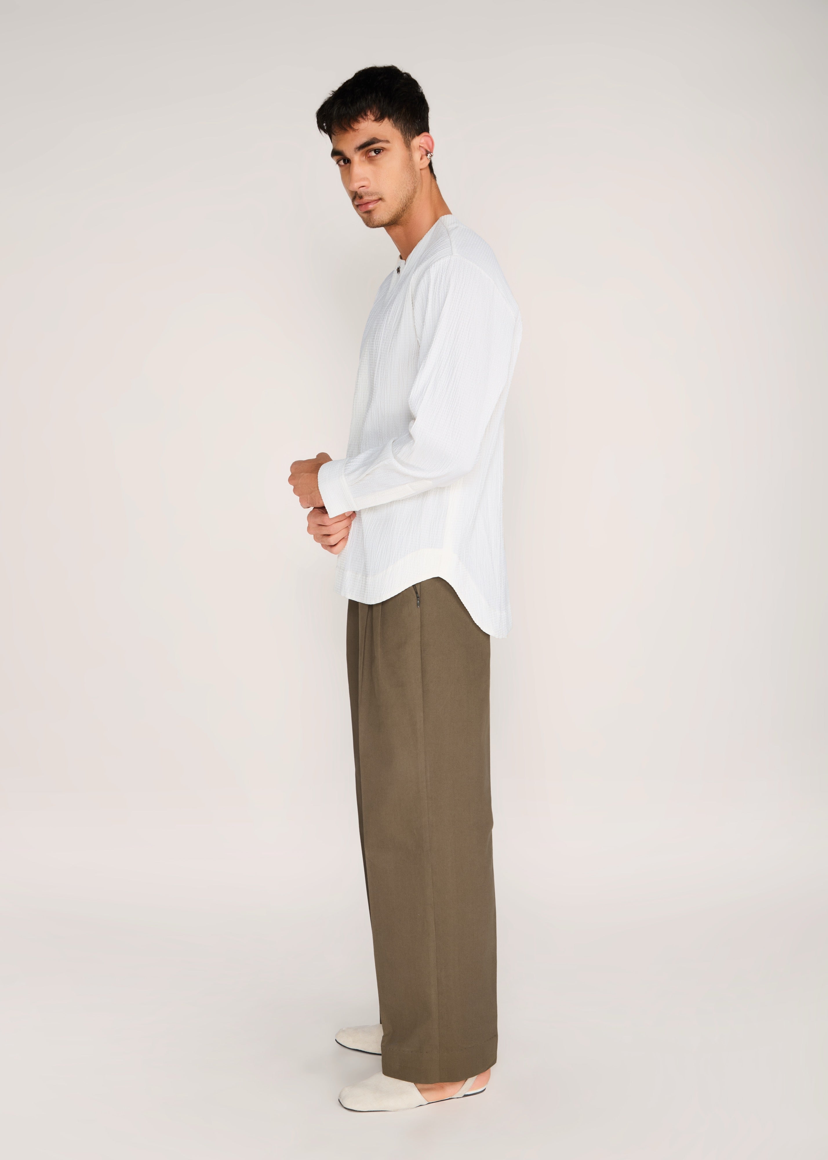 ROSANI The Unione shirt in ivory - ivory crushed cotton round-neck long-sleeve shirt, side view