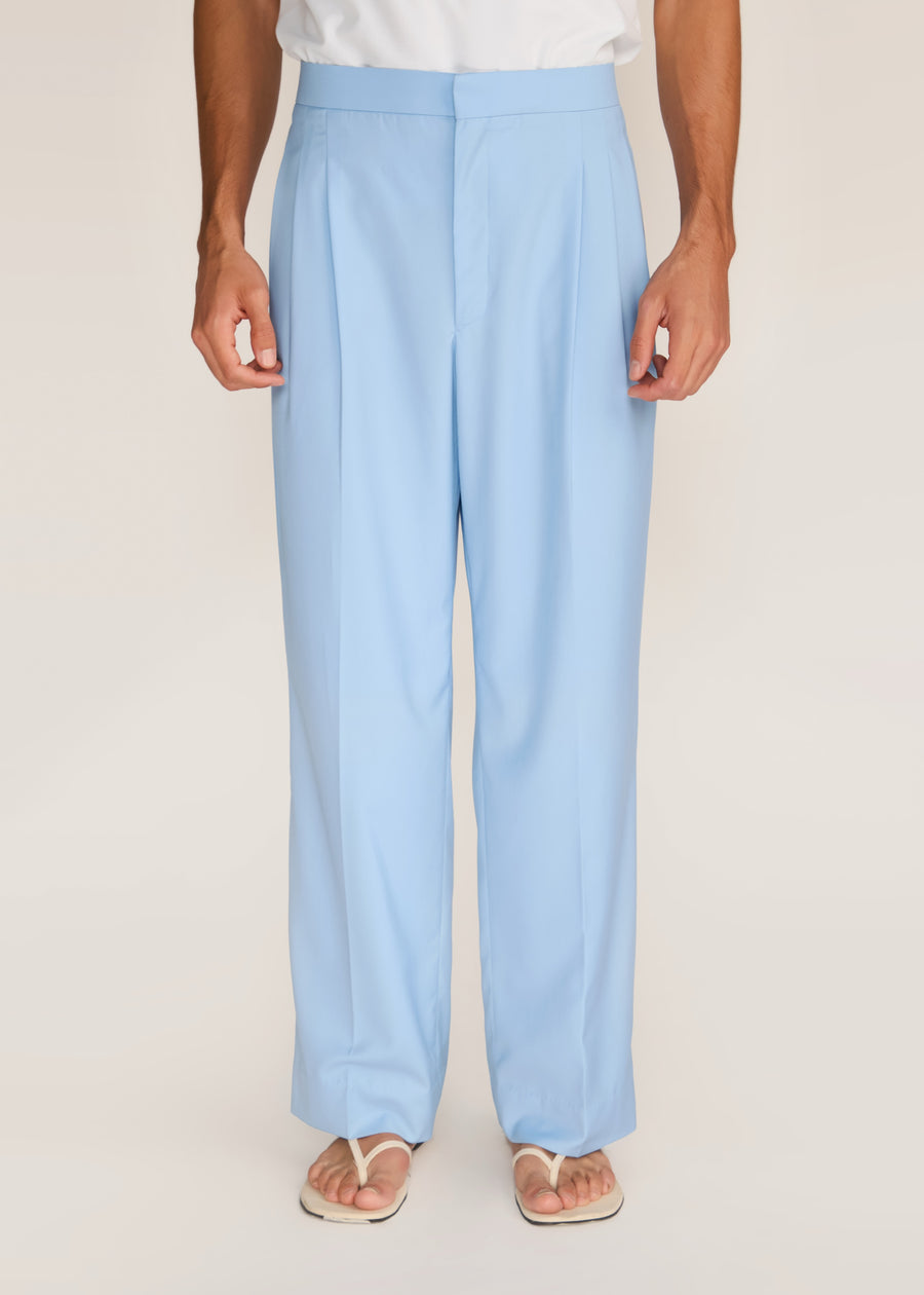 ROSANI The Unisono trouser in light cerulean - light cerulean pleated suiting trouser, front view