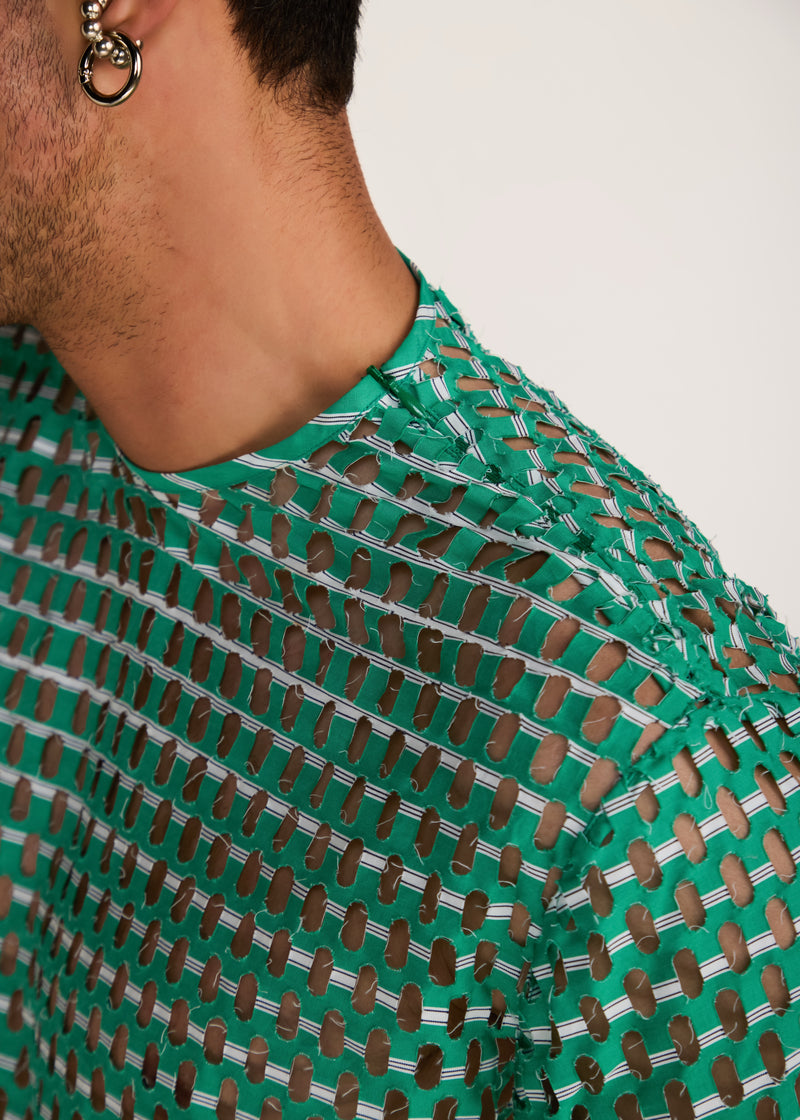 ROSANI The Unitas t-shirt in shamrock - shamrock cotton laser-cut striped t-shirt, craft detail