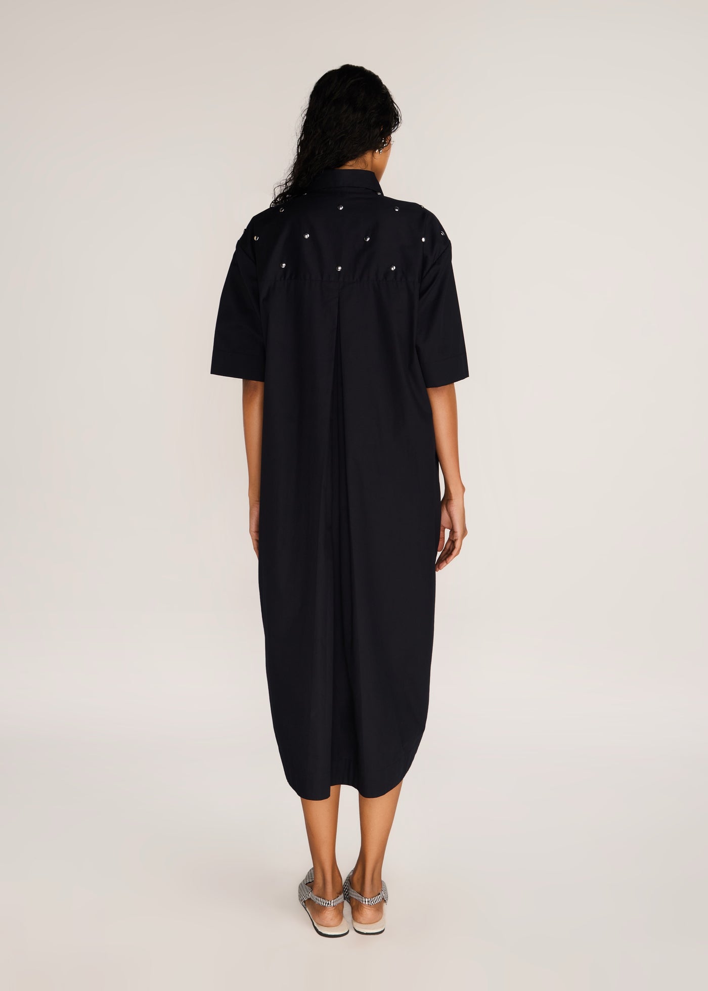 ROSANI The Verge dress in black - black cotton poplin chrome-element midi dress, back view