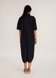 ROSANI The Verge dress in black - black cotton poplin chrome-element midi dress, back view