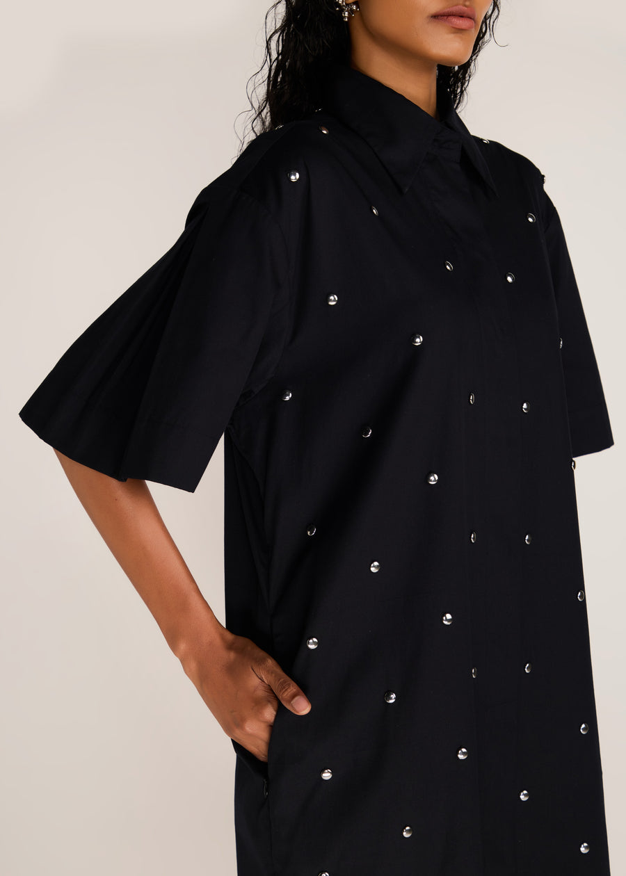 ROSANI The Verge dress in black - black cotton poplin chrome-element midi dress, craft detail, alternate angle
