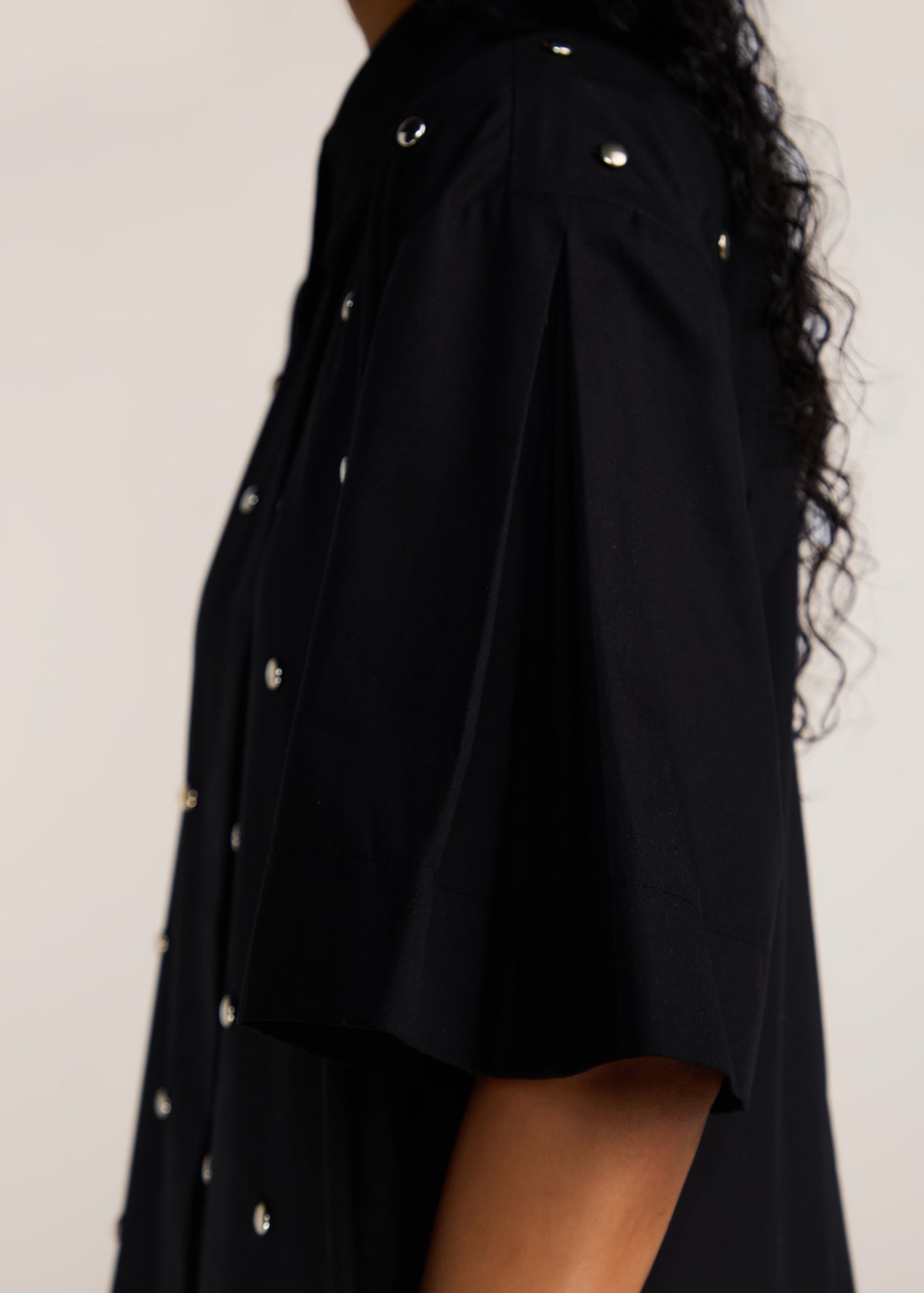 ROSANI The Verge dress in black - black cotton poplin chrome-element midi dress, craft detail
