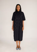 ROSANI The Verge dress in black - black cotton poplin chrome-element midi dress, front view