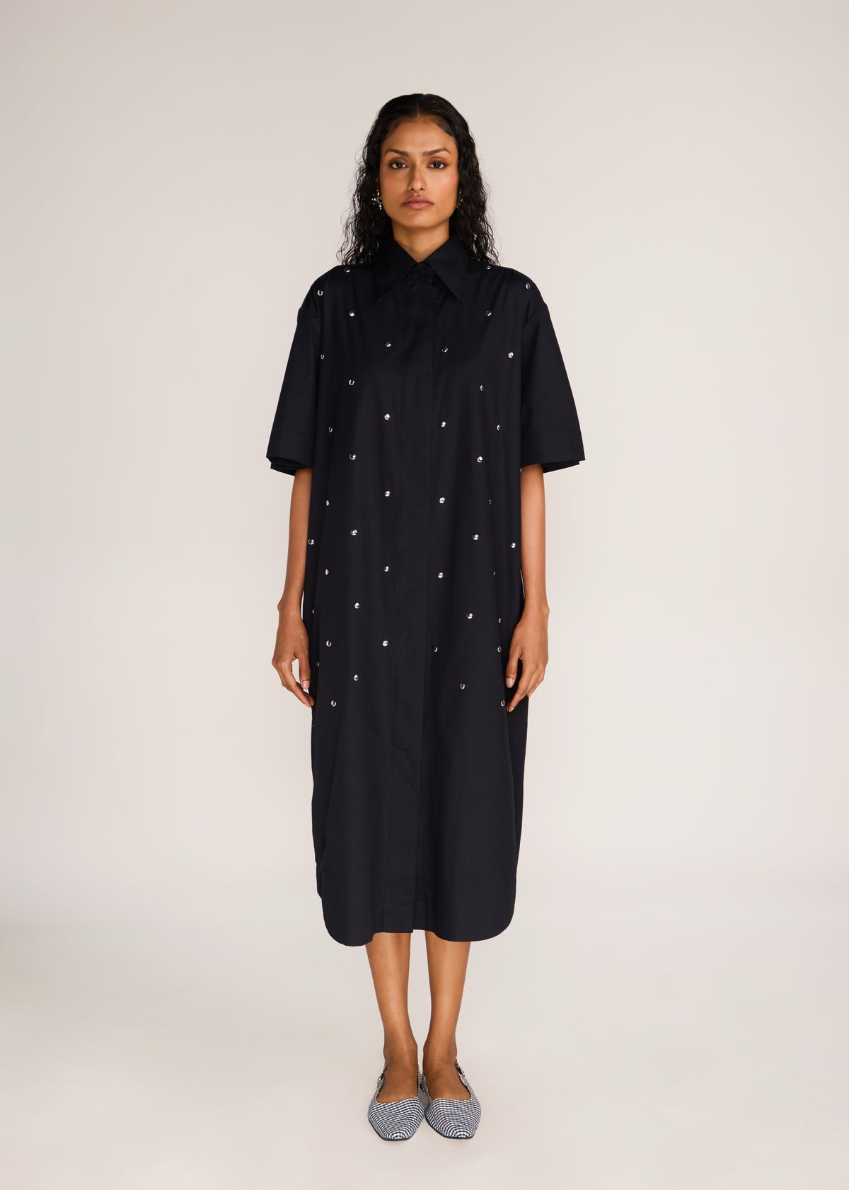ROSANI The Verge dress in black - black cotton poplin chrome-element midi dress, front view