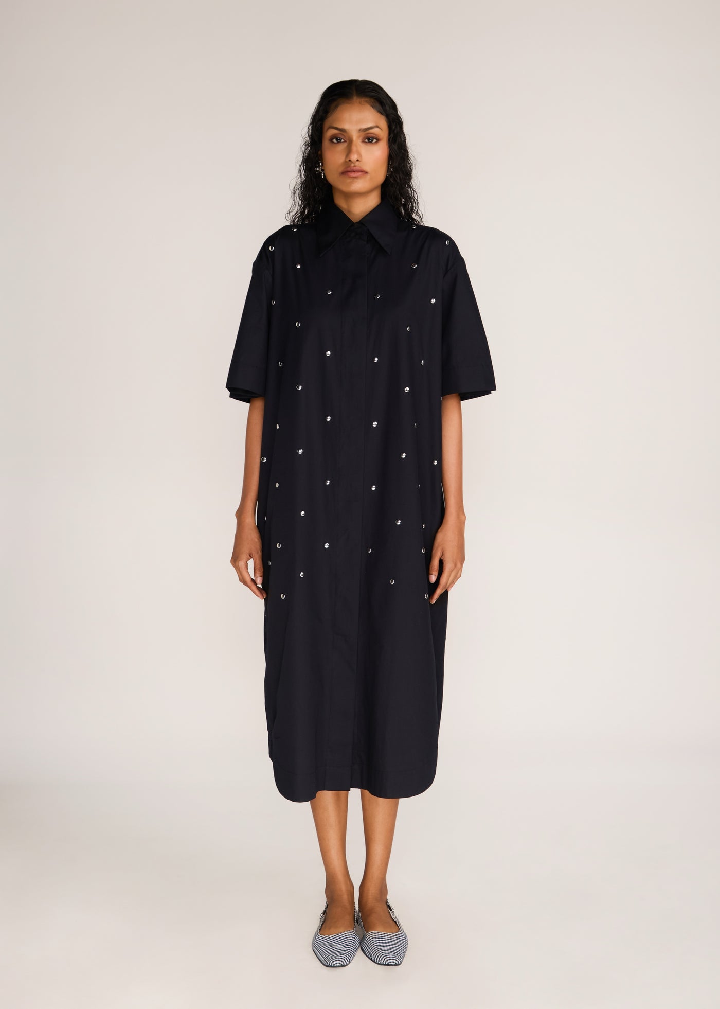ROSANI The Verge dress in black - black cotton poplin chrome-element midi dress, front view