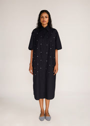 ROSANI The Verge dress in black - black cotton poplin chrome-element midi dress, front view