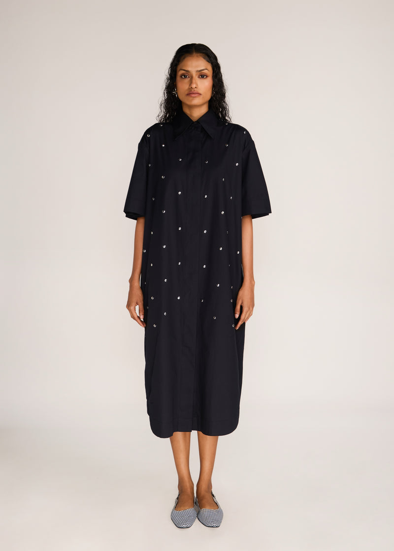ROSANI The Verge dress in black - black cotton poplin chrome-element midi dress, front view