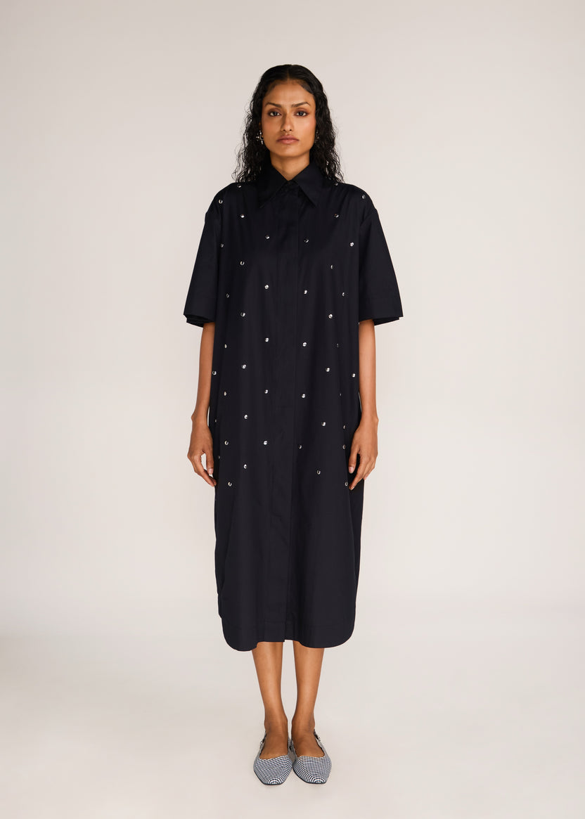 ROSANI The Verge dress in black - black cotton poplin chrome-element midi dress, front view