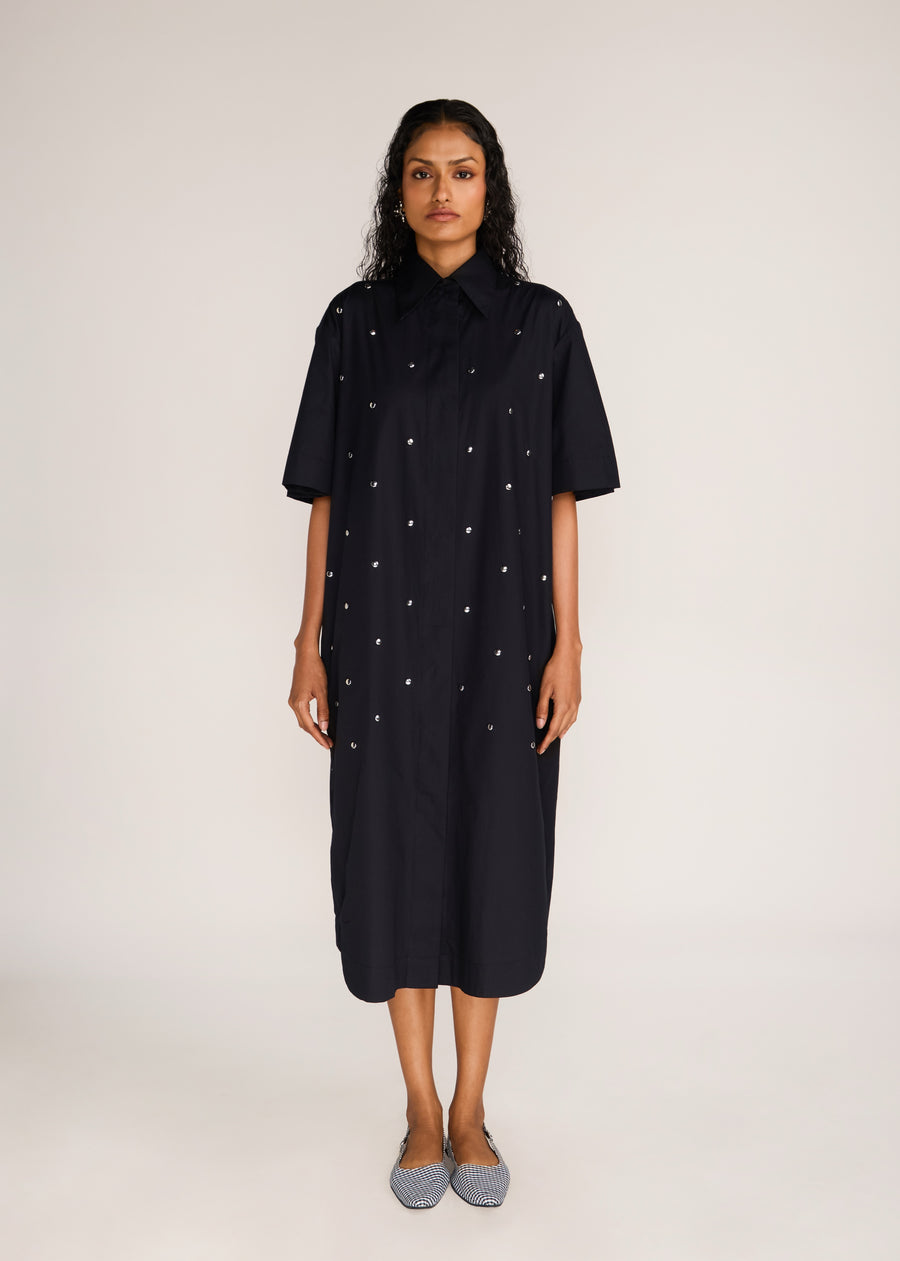ROSANI The Verge dress in black - black cotton poplin chrome-element midi dress, front view