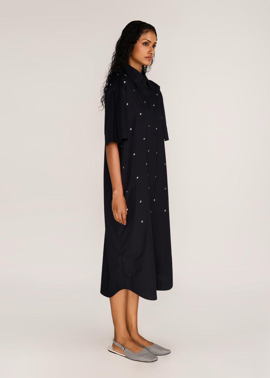 ROSANI The Verge dress in black - black cotton poplin chrome-element midi dress, side view