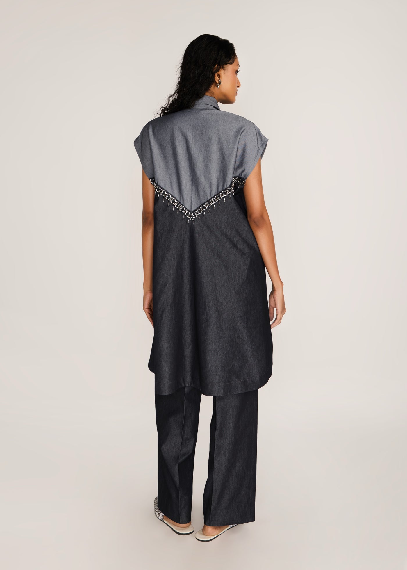 ROSANI The Vergenza shirt in charcoal - charcoal dual-tone long shirt with embellished insert, back view
