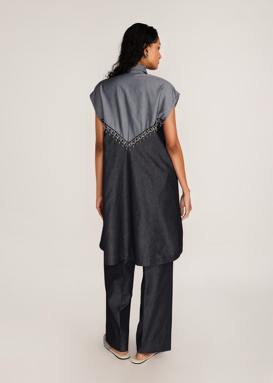 ROSANI The Vergenza shirt in charcoal - charcoal dual-tone long shirt with embellished insert, back view