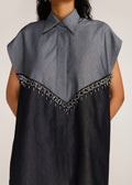 ROSANI The Vergenza shirt in charcoal - charcoal dual-tone long shirt with embellished insert, craft detail