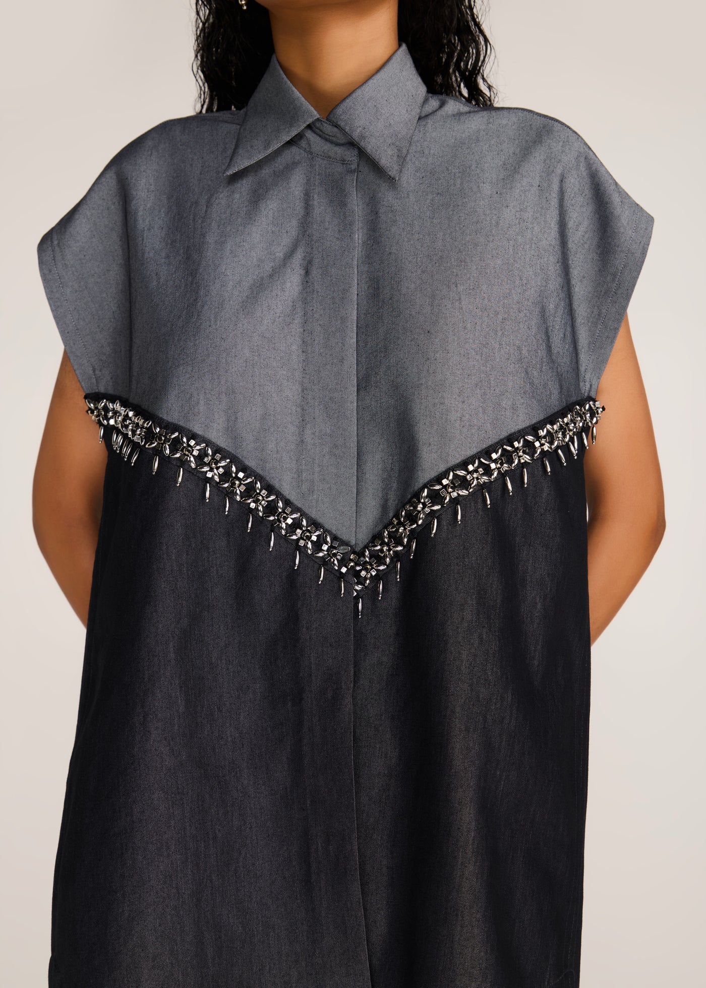 ROSANI The Vergenza shirt in charcoal - charcoal dual-tone long shirt with embellished insert, craft detail