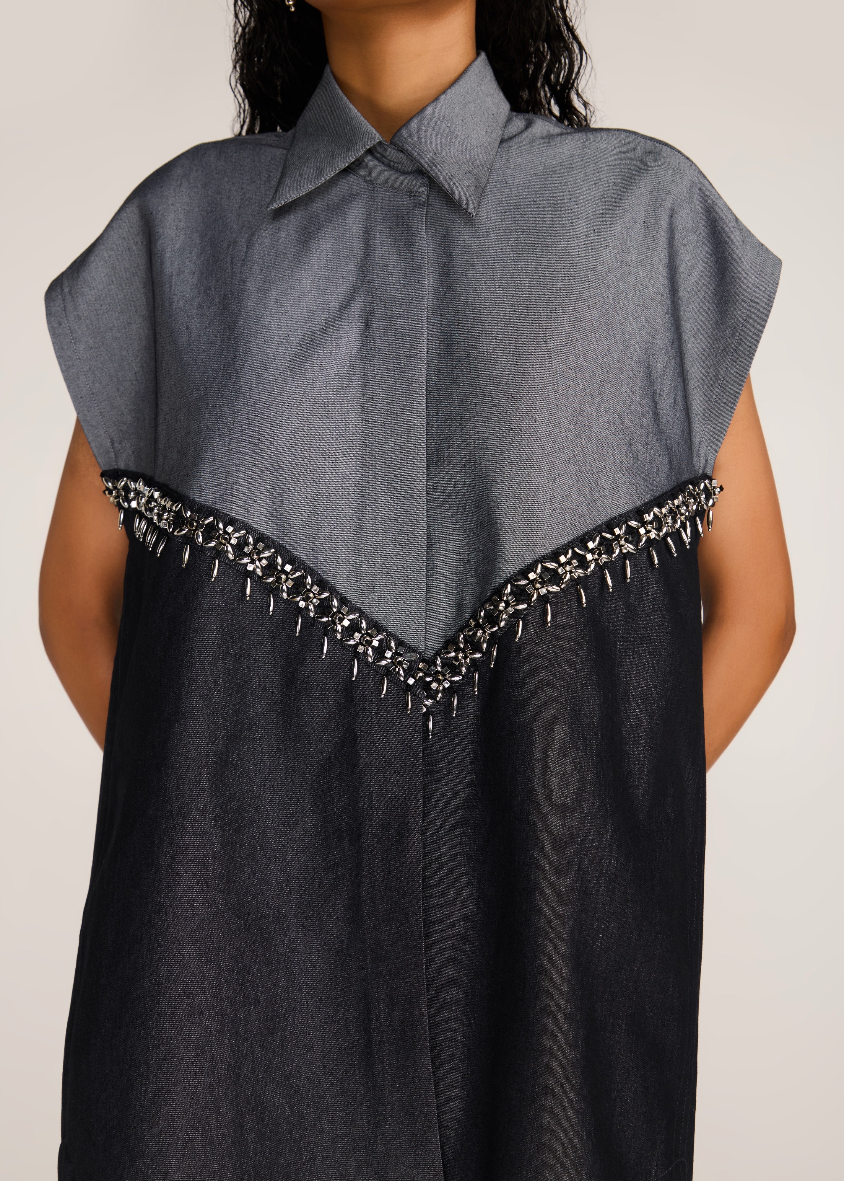 ROSANI The Vergenza shirt in charcoal - charcoal dual-tone long shirt with embellished insert, craft detail