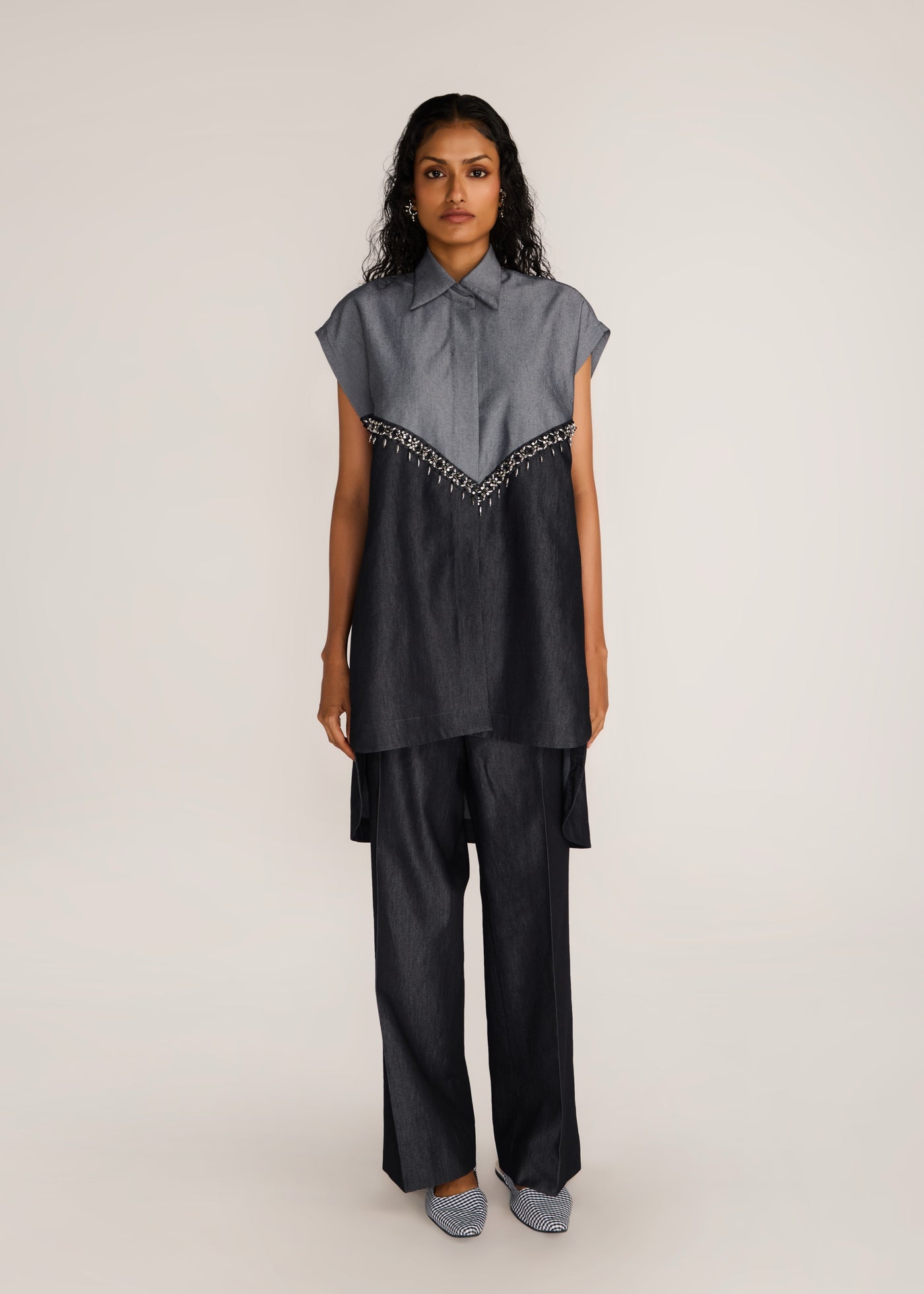 ROSANI The Vergenza shirt in charcoal - charcoal dual-tone long shirt with embellished insert, front view