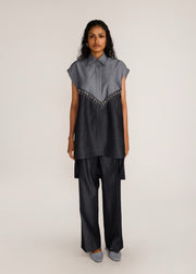 ROSANI The Vergenza shirt in charcoal - charcoal dual-tone long shirt with embellished insert, front view