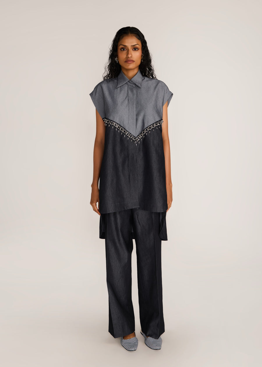 ROSANI The Vergenza shirt in charcoal - charcoal dual-tone long shirt with embellished insert, front view