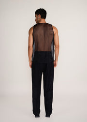ROSANI The Verra vest in black - black organza viscose gunji vest, back view