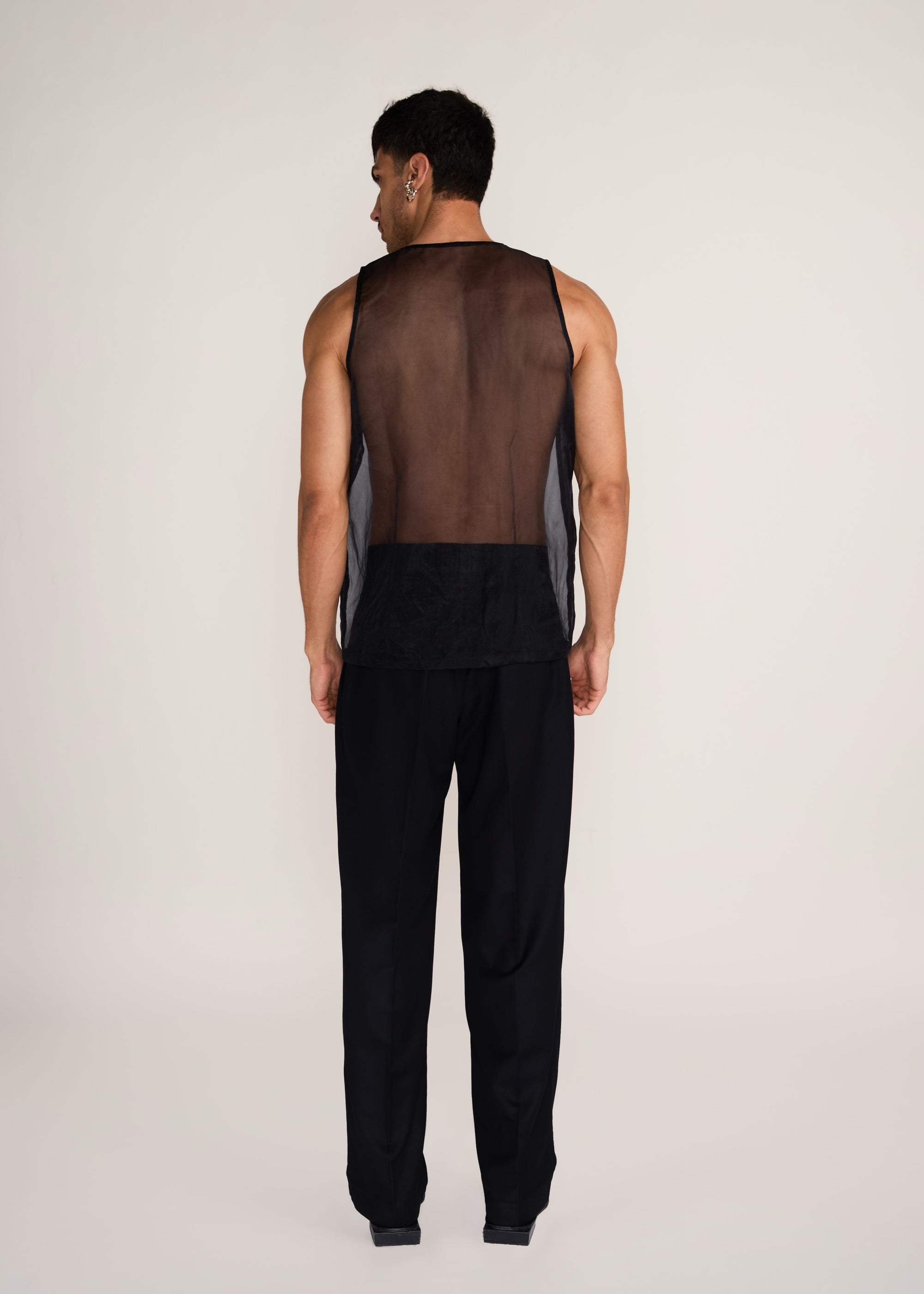 ROSANI The Verra vest in black - black organza viscose gunji vest, back view