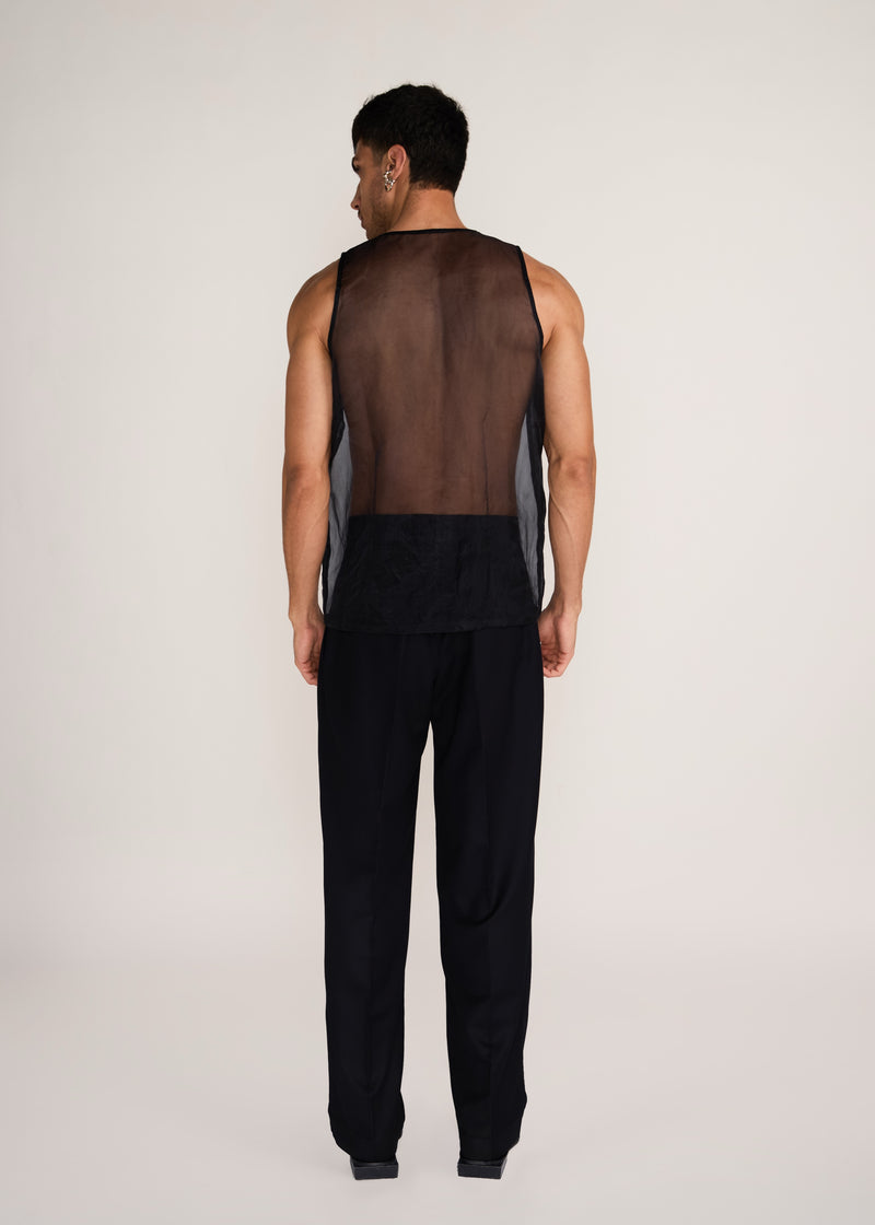 ROSANI The Verra vest in black - black organza viscose gunji vest, back view