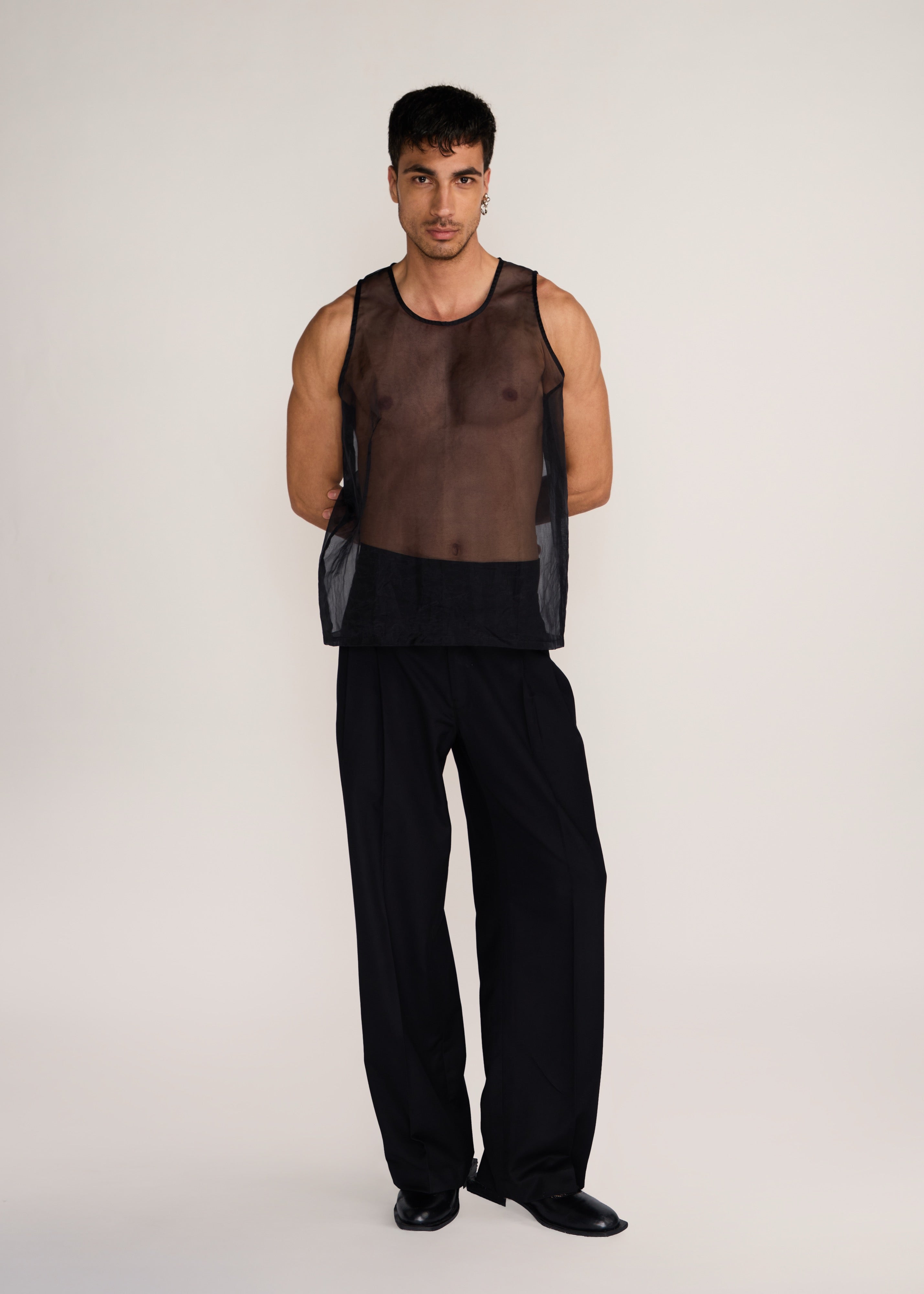 ROSANI The Verra vest in black - black organza viscose gunji vest, front view