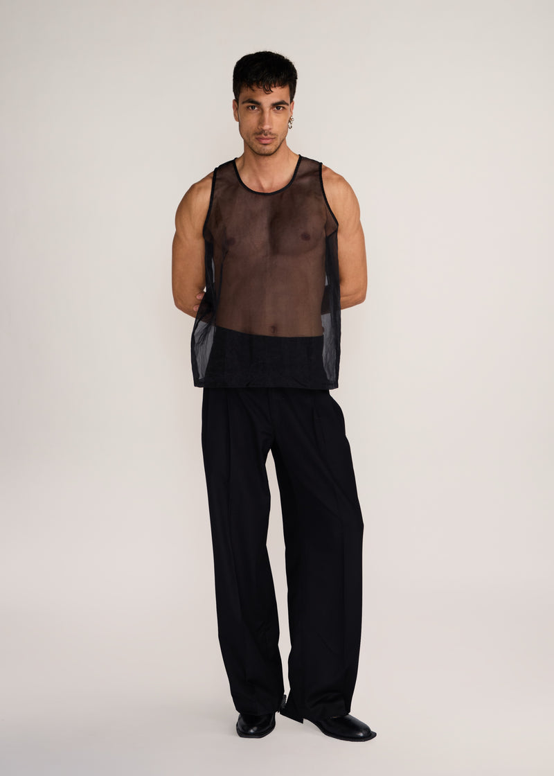 ROSANI The Verra vest in black - black organza viscose gunji vest, front view