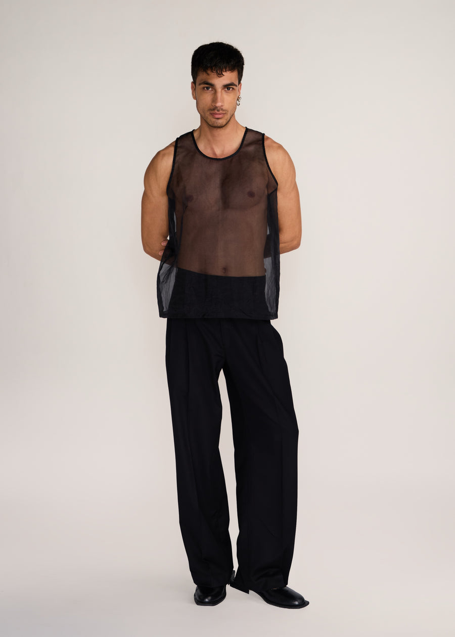 ROSANI The Verra vest in black - black organza viscose gunji vest, front view