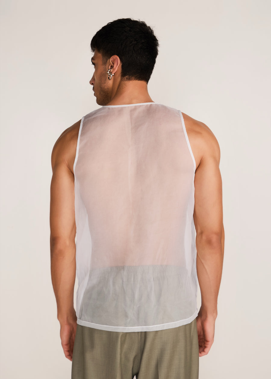 ROSANI The Verra vest in white - white organza viscose gunji vest, back view