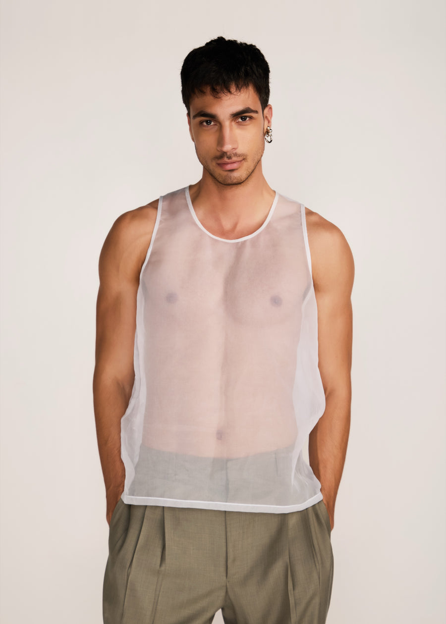 ROSANI The Verra vest in white - white organza viscose gunji vest, front view