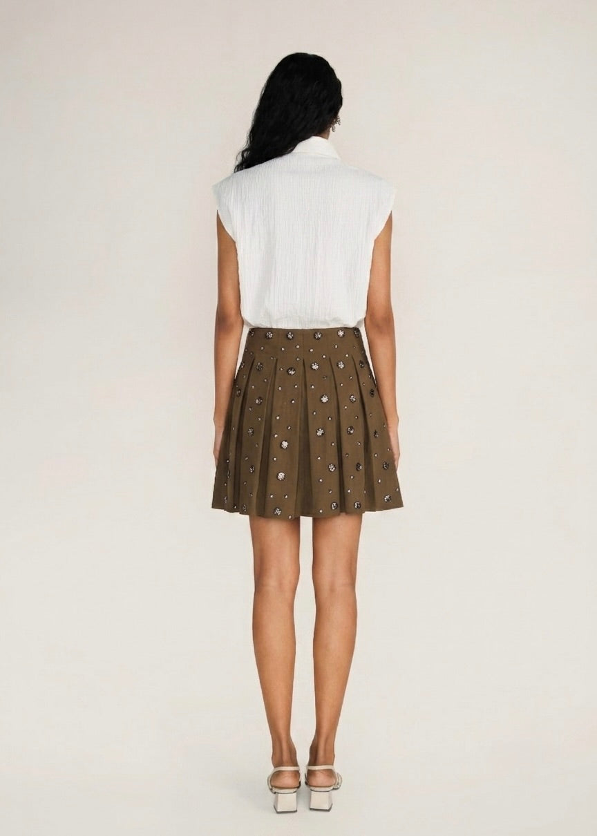 ROSANI The Virel skirt in deep olive - deep olive all-round pleated skirt with antique metallic embroidery, back view