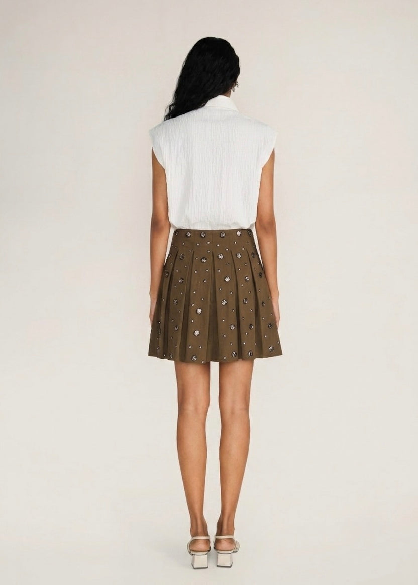 ROSANI The Virel skirt in deep olive - deep olive all-round pleated skirt with antique metallic embroidery, back view