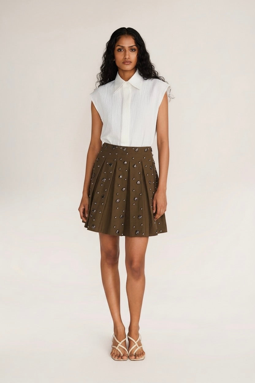 ROSANI The Virel skirt in deep olive - deep olive all-round pleated skirt with antique metallic embroidery, front view