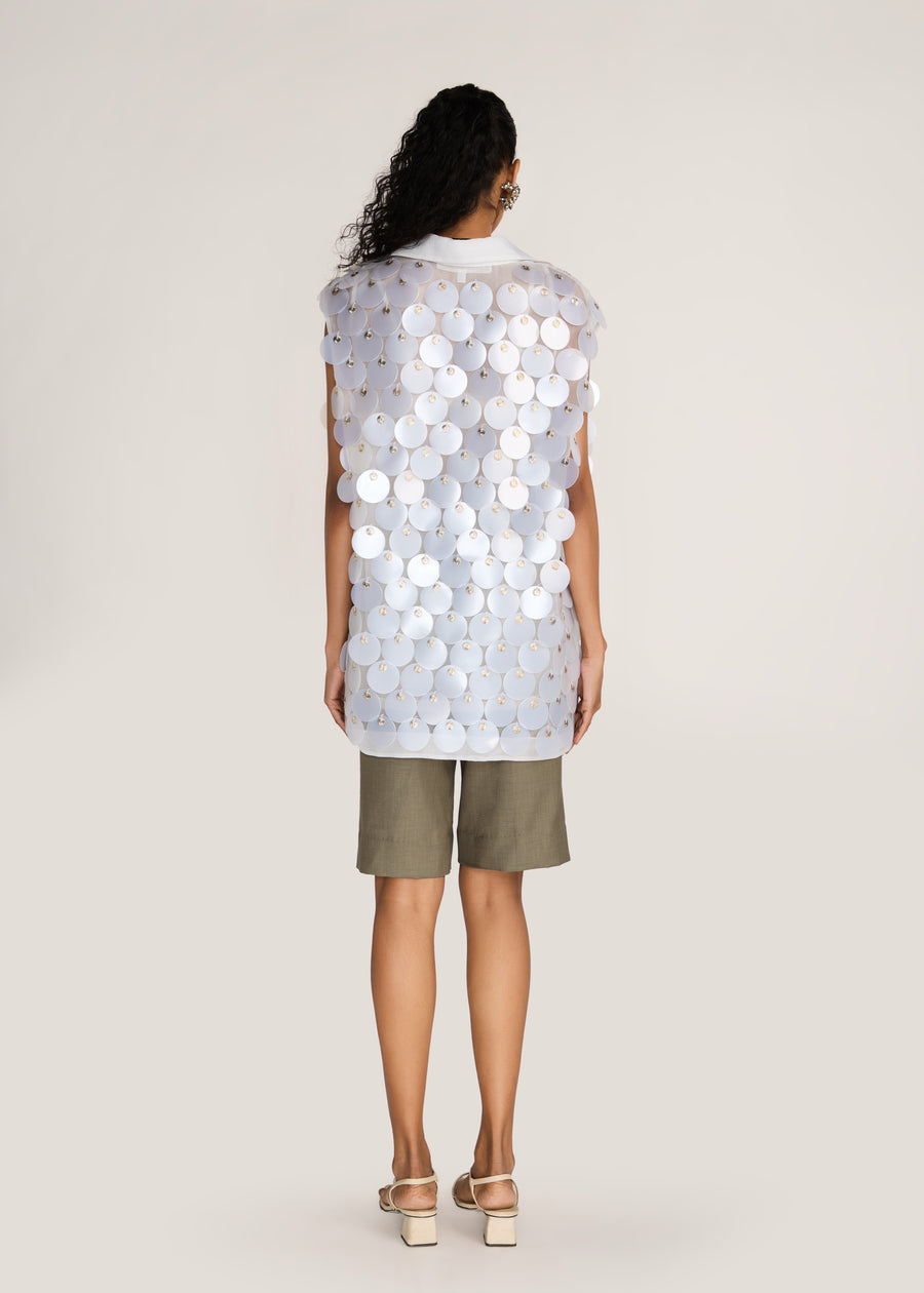 ROSANI The Yugma vest in pearl - pearl chandelier double-disc hand-embroidered vest, back view