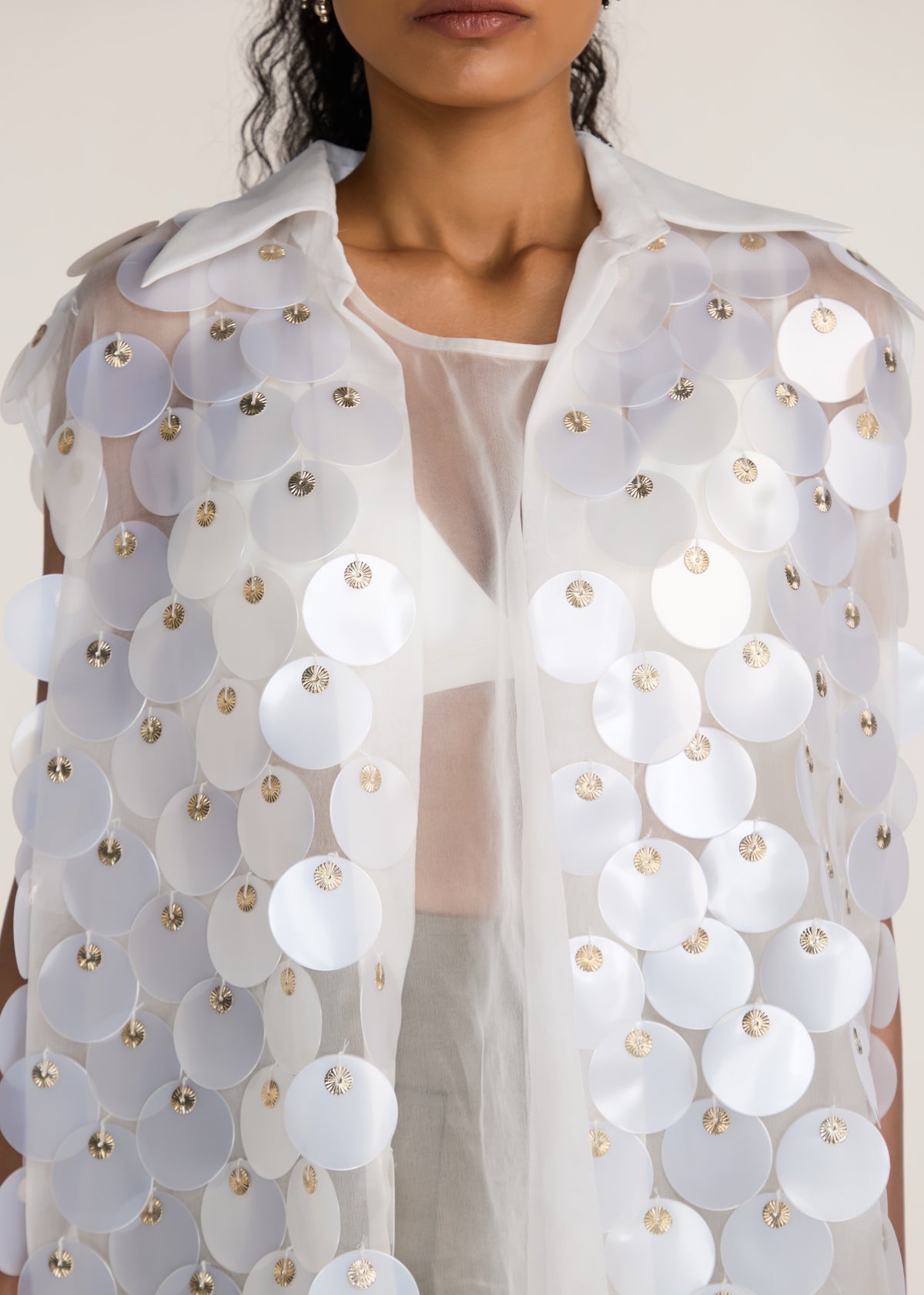 ROSANI The Yugma vest in pearl - pearl chandelier double-disc hand-embroidered vest, craft detail