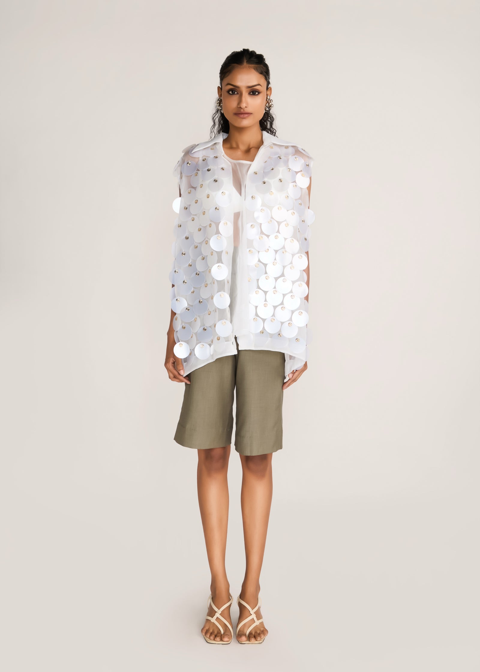 ROSANI The Yugma vest in pearl - pearl chandelier double-disc hand-embroidered vest, front view