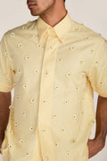 ROSANI The Yūgō shirt in pale lemon - pale lemon laser-cut shirt with hand-stitched black knots, craft detail