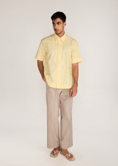 ROSANI The Yūgō shirt in pale lemon - pale lemon laser-cut shirt with hand-stitched black knots, front view